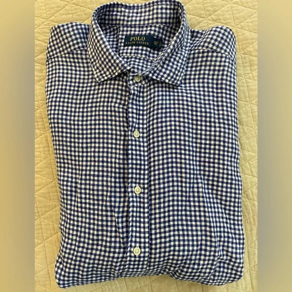 POLO RALPH LAUREN Small Gingham Check Linen Sport Shirt in Blue Size 2XLT $125 - Picture 1 of 6